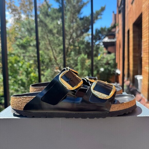 New Birkenstock Arizona Big Buckle High Shine Sandals Black Gold US 9 / EUR 40 - Picture 3 of 12